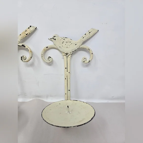 Bird Pillars Candle Holders Off White Patina Shabby Chic Rustic Farm House Metal - Picture 3 of 8